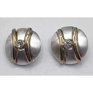 Vintage‎ Two Tone Clip On Earrings Silver Gold Rhinestone Round
